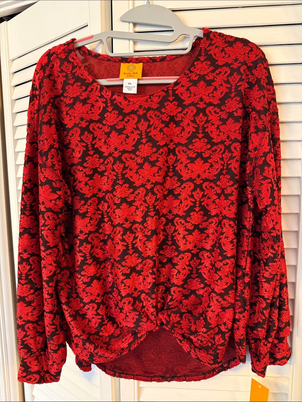 Ruby Rd. Red and Black Floral Damask Long Sleeve Top